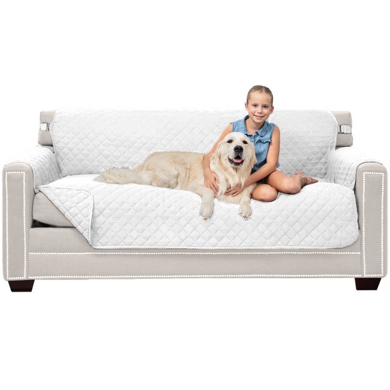 Sofa Shield Couch Slip Cover with Patented Strap, Cushion Protector, US Designed Reversible Stain and Dog Tear Resistant Slipcover, 70 inch Seat, Washable Covers for Dogs Pets Kids, White - Image 1